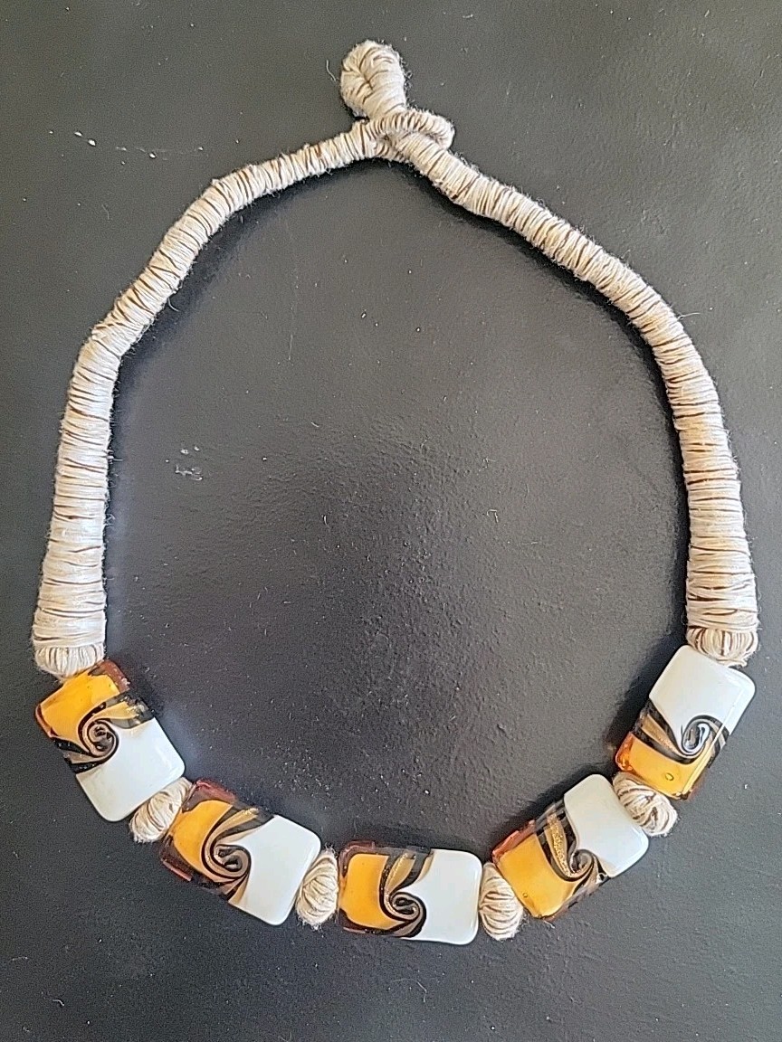 Murano Glass Necklace White Brown Beautiful Short