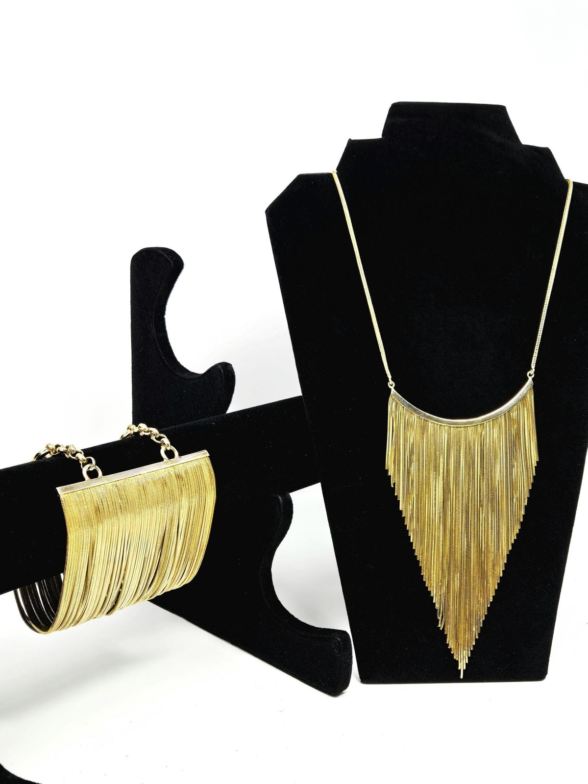 ZENZII Gold Fringe Necklace Set • Statement Bib Necklace & Coil Wrap Bracelet