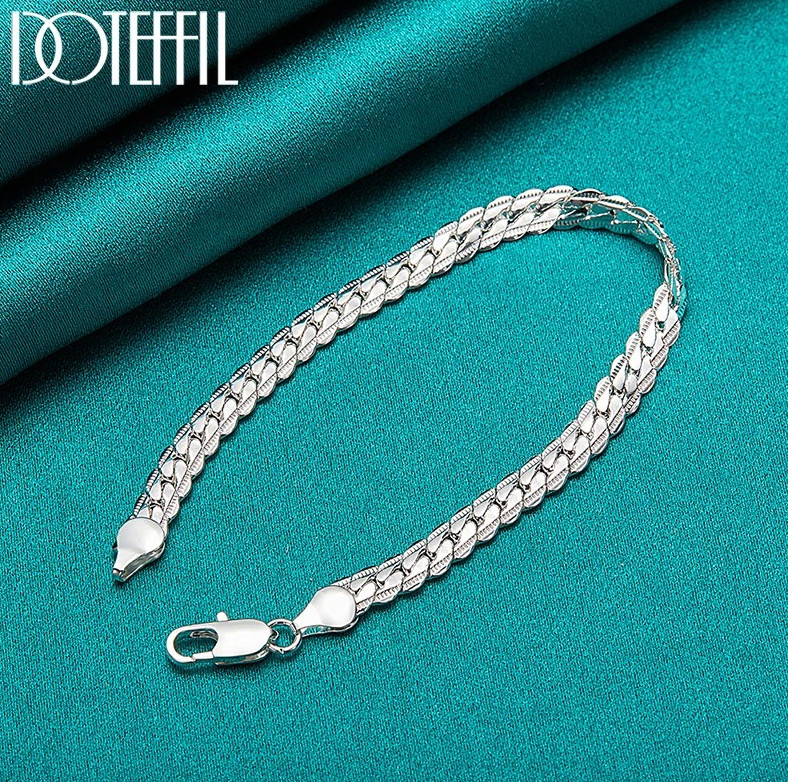 1pc 925 Silver Flat Chain Bracelet Lobster Clasp Jewelry Gift For Woman Man