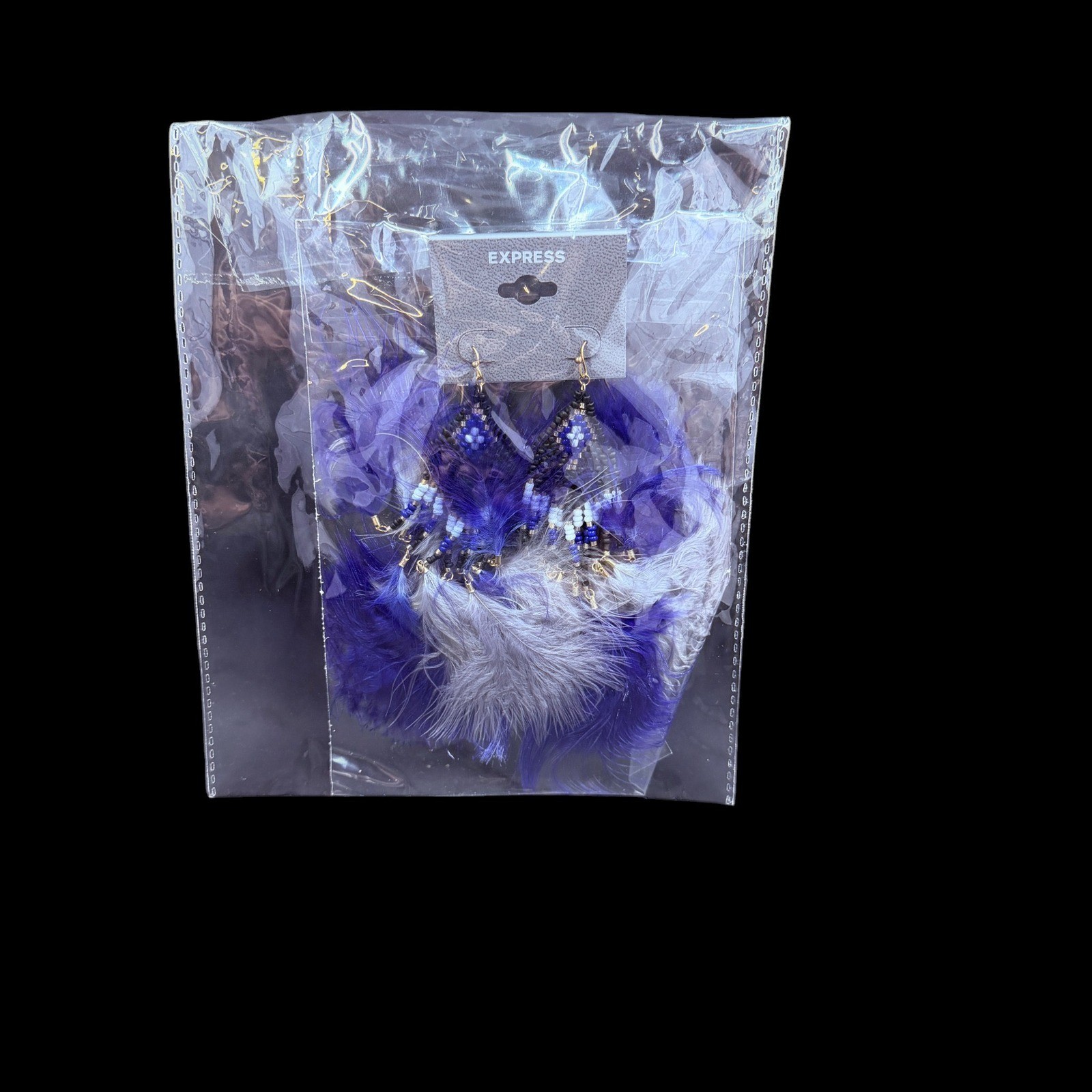 NWT Express Beaded Feather Earrings Blue Black Boho Festival Statement Drop
