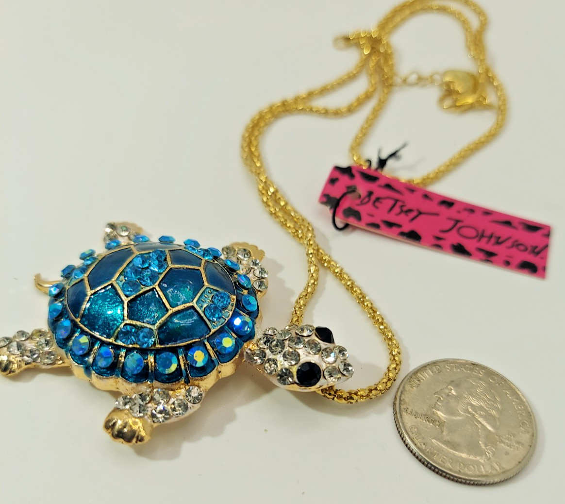 Brilliant 3D Jewel TURTLE Blue Rhinestone Betsey Johnson Tortoise Necklace-Gift
