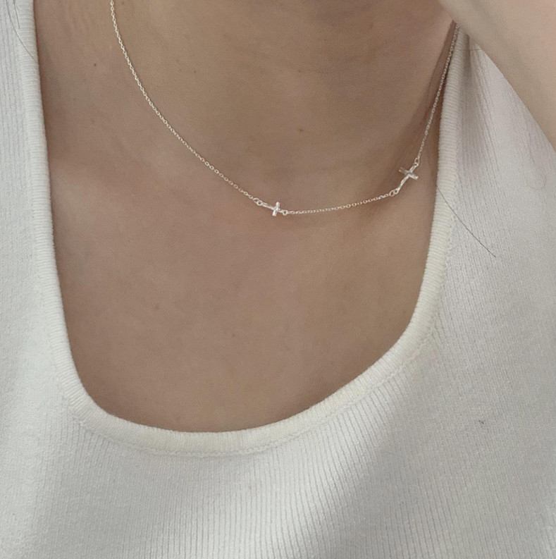 S925 Sterling Silver Religious Necklace Sideways Cross Choker 16+2″ Chain D13