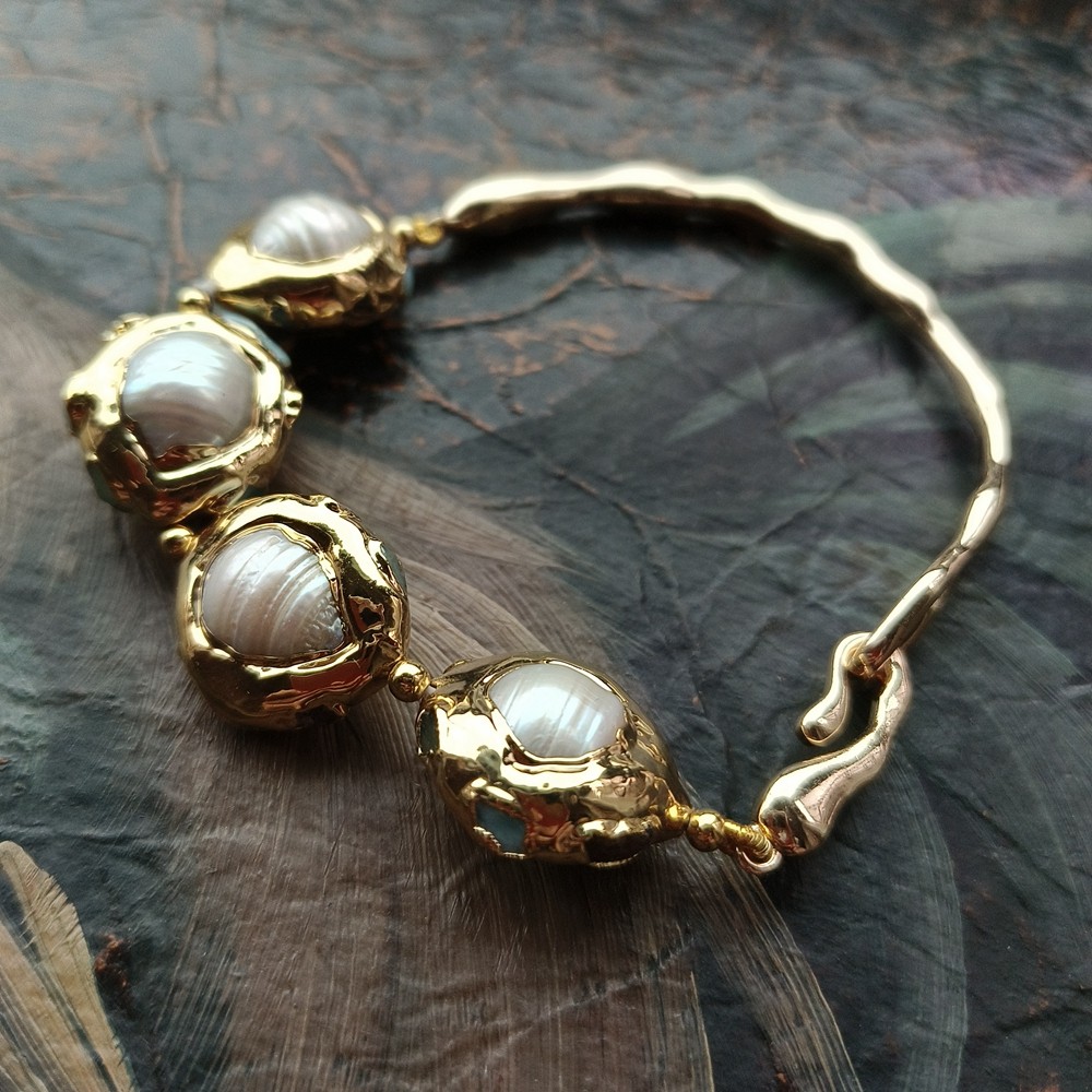 Cultured White Keshi Pearl Blue Larimar Gold Plated Bangle Bracelet Jewelry