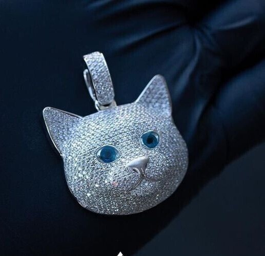 Round Simulated Diamond Stunning Cluster Cat Face Pendant 14K White Gold Plated