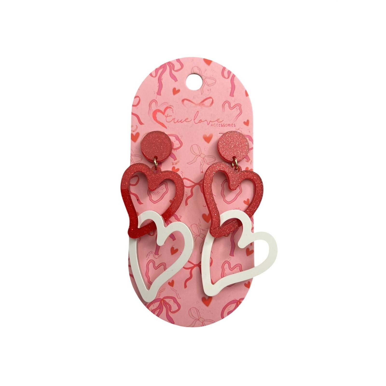 True Love Heart Drop Earrings Womens OS Red White New Glitter Acrylic Dangle