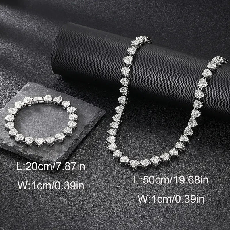 Women Necklace & Bracelet Iced Heart Chain Stainless Steel Bling Cubic Zirconia