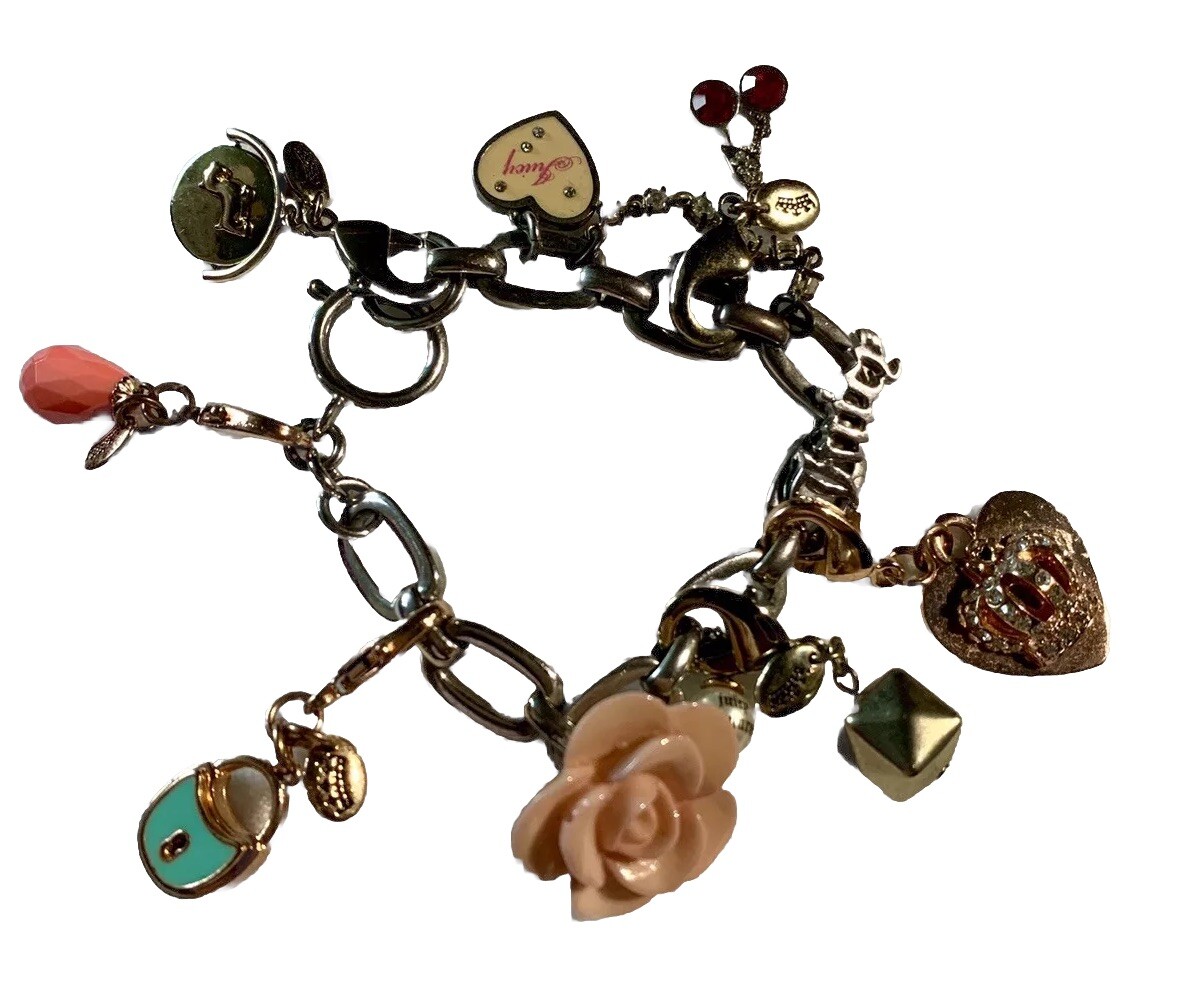 Vintage Y2K Juicy Couture Bracelet With Mixed Heart Dog Lock Charms Box Silver