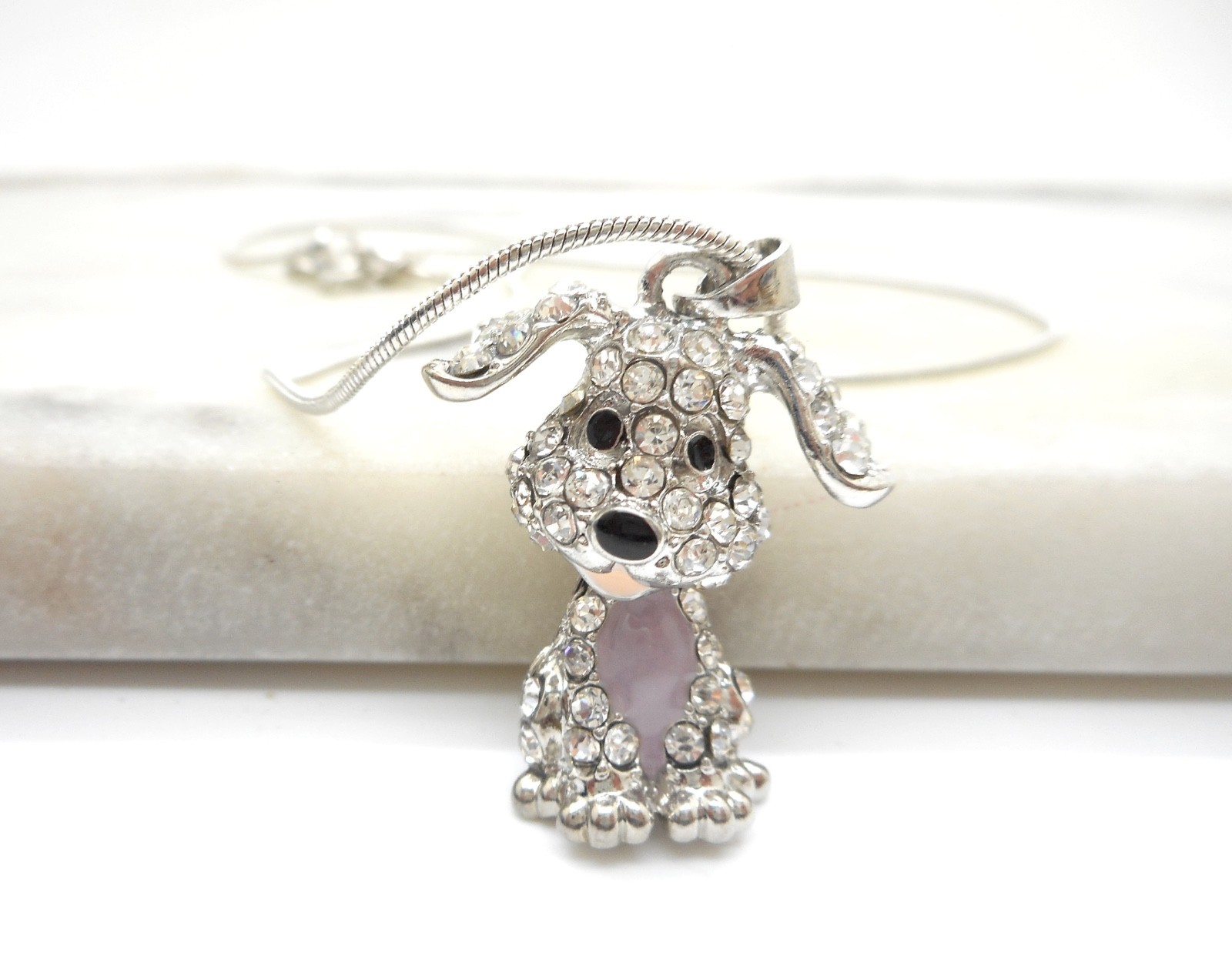 Austrian Crystal Dog Pendant Necklace Women’s Silver Plated Bobble Head New