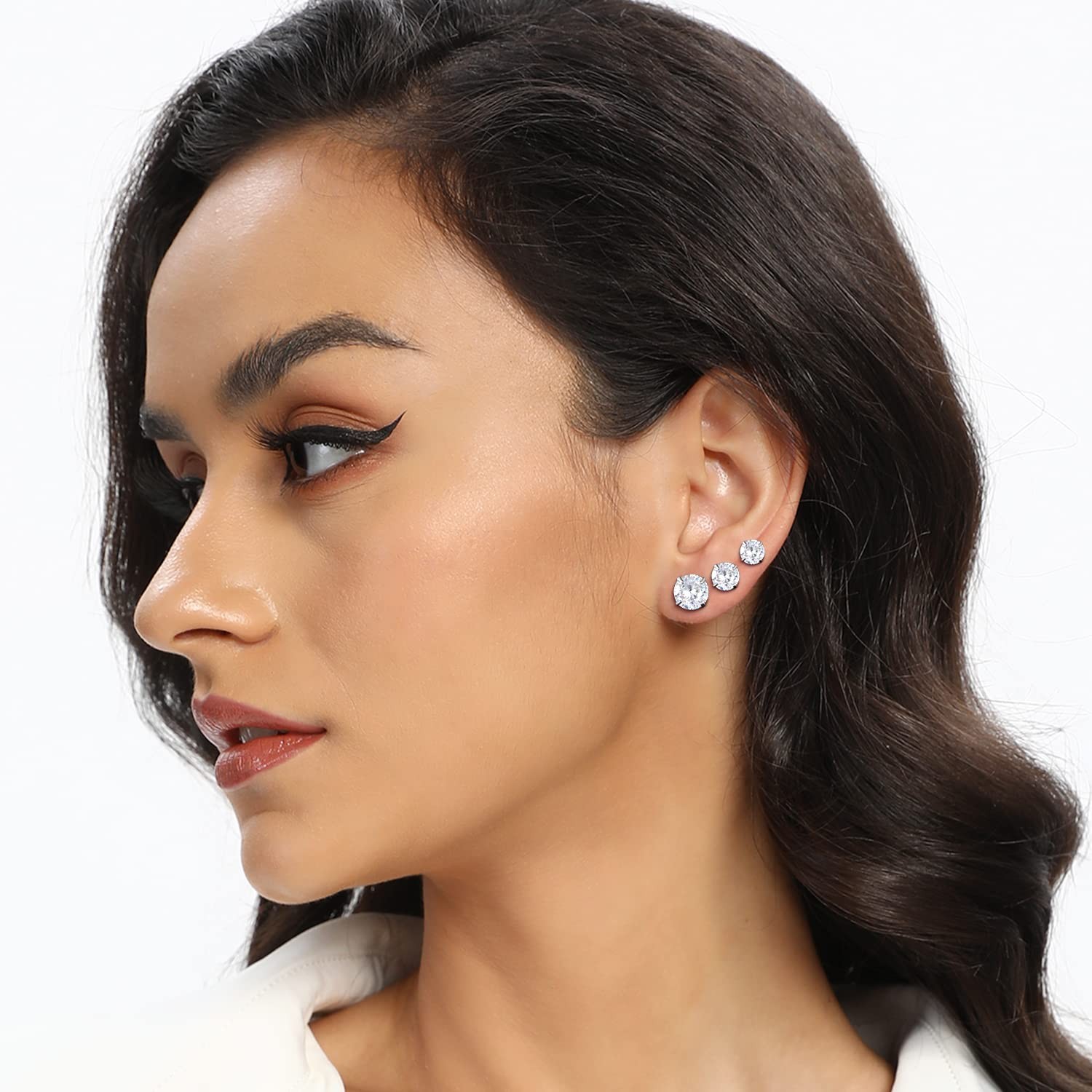 5 Pairs Round Stud Earring Set, 925 Sterling Silver Hypoallergenic Cubic Zirc…