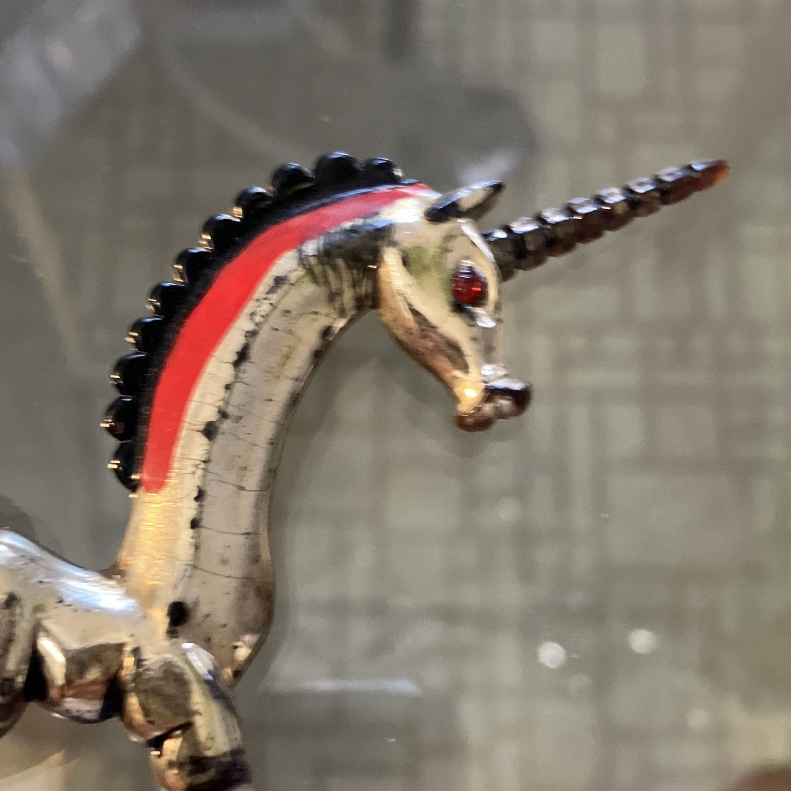 Silver Tone Enamel Unicorn Horse Brooch Pin Red Black Mane.