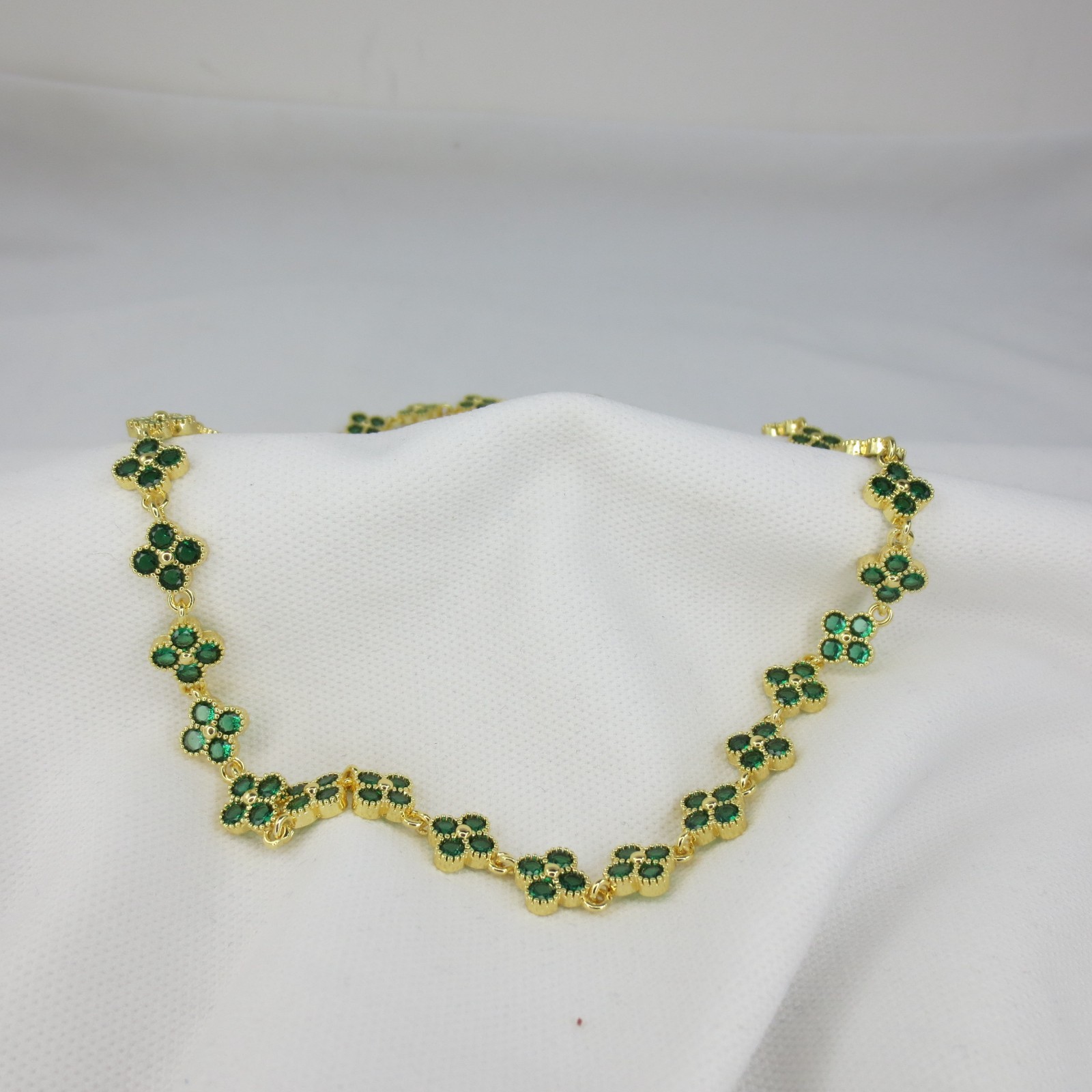 New 18k Yellow Gold Filled Flower Stations Green Cubic Zirconia Necklace 18″