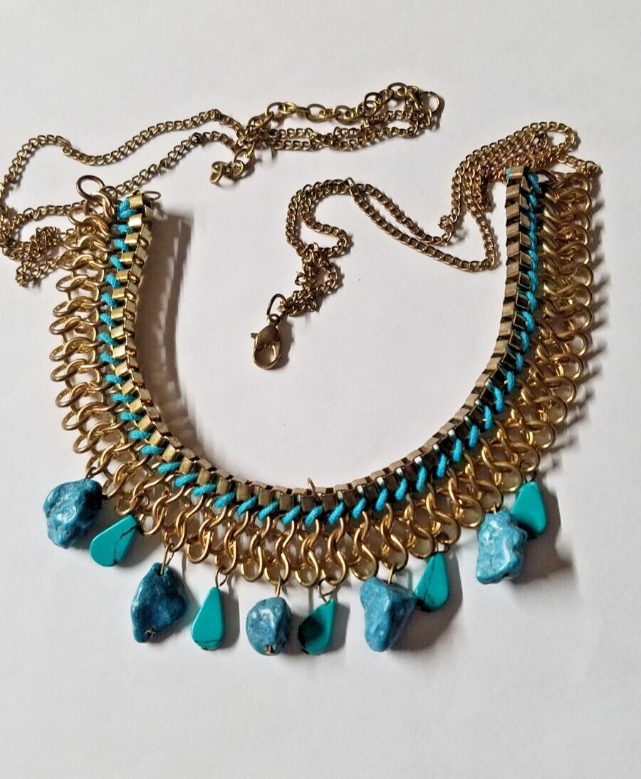 Ladies Turquoise Necklace Blue Imitation Gold Tone Costume Jewelry 3130JR
