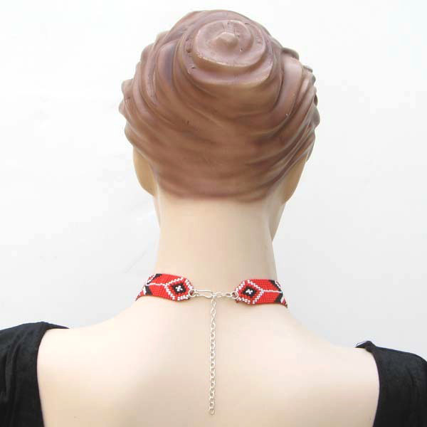 RED WHITE BLACK HEART NATIVE STYLE INSPIRED BEAD WORK BIB/CHOKER NECKLACE N14/16