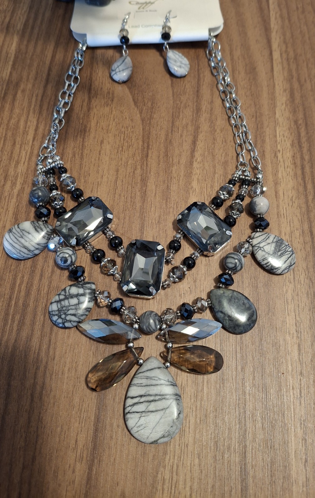 Vintage Stones & Beads Crystal Necklace & Earrings Set Gray Brown Lead Compliant