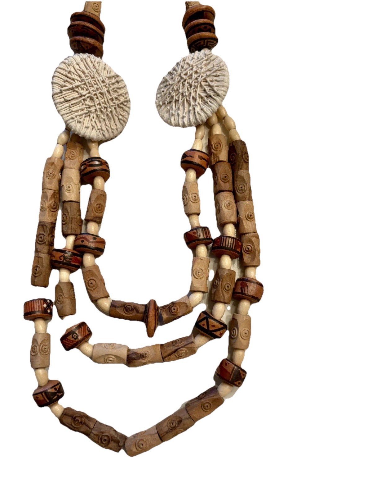 BOHO Tribal Chunky Wood Beaded Necklace Multi Triple Strand Statement 24-28”