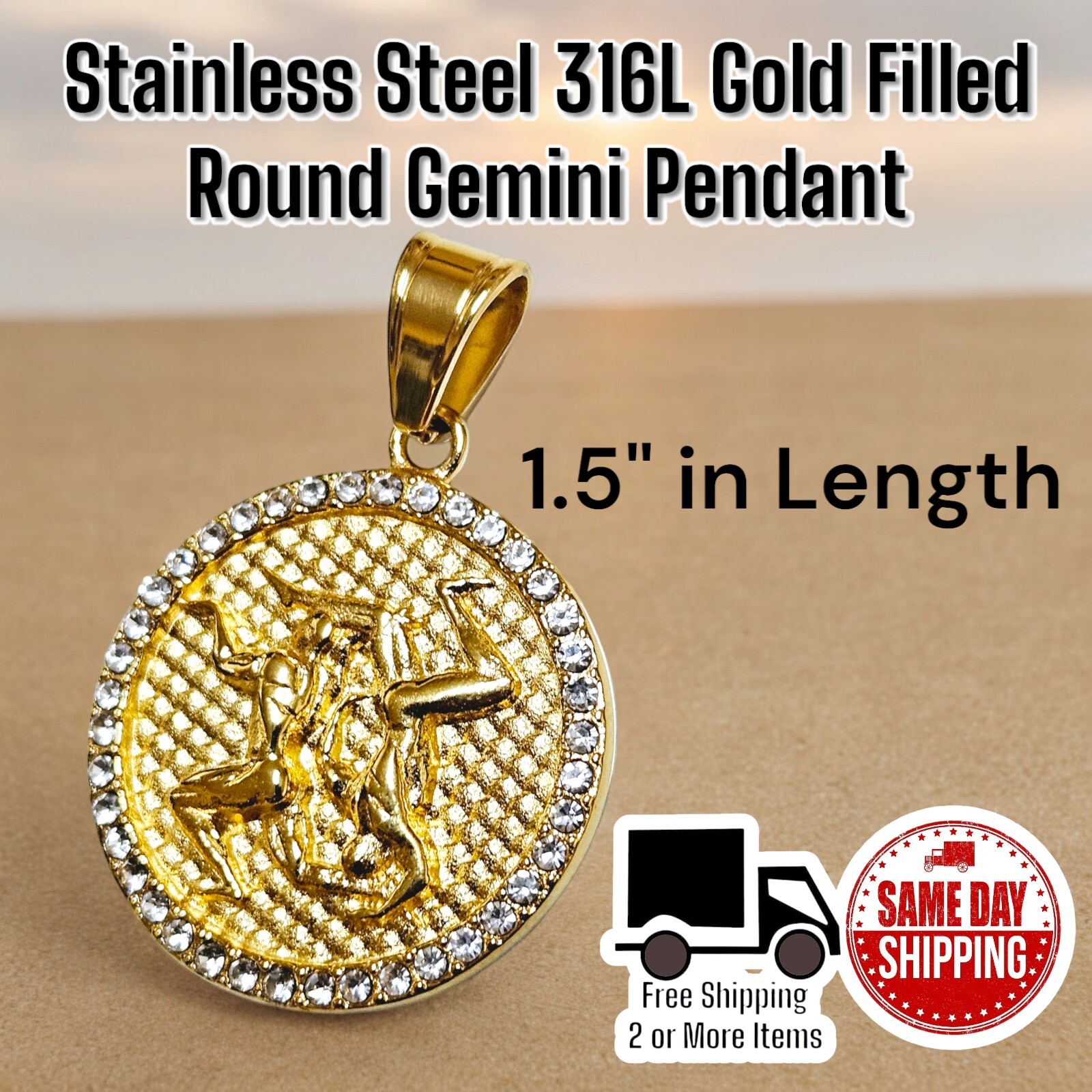 Stainless Steel 316L Gold Filled CZ Round Gemini 1.5″ Pendant