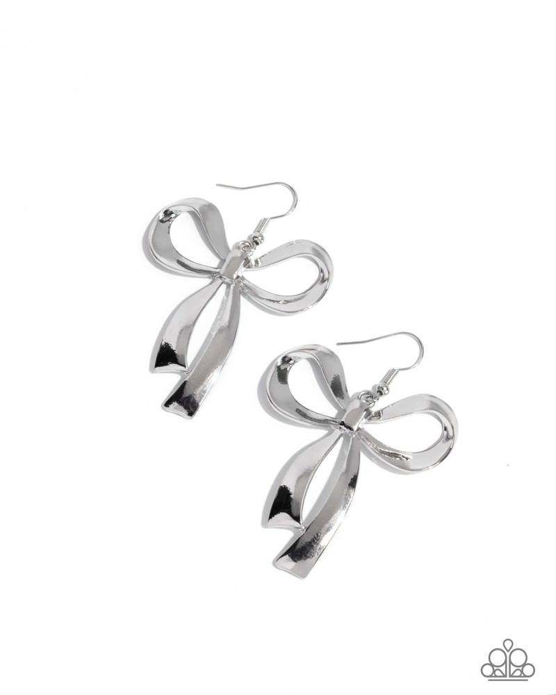 Paparazzi Captivating Coquette – Silver – High Sheen Ribbon Silver Bow Earrings