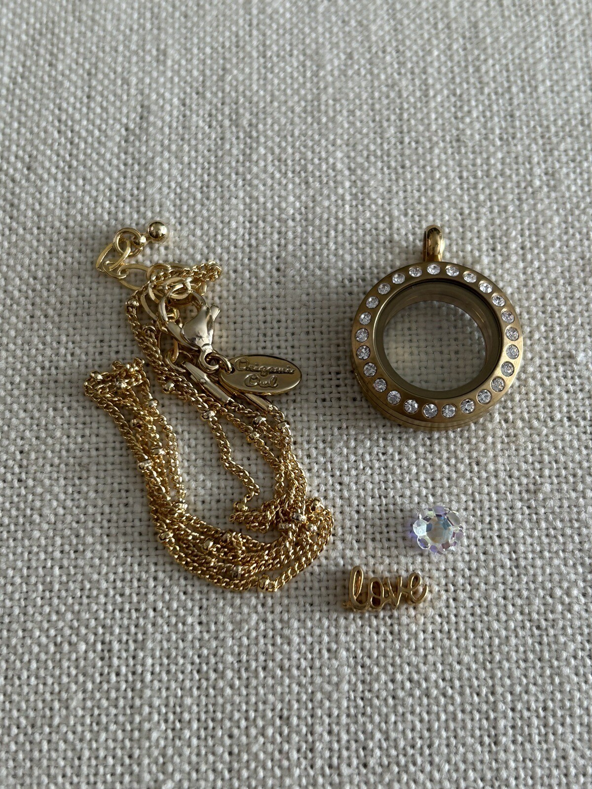 Origami Owl Gold Crystal Mini Locket w/Charms & 16-18″ Ball Station Chain “New”