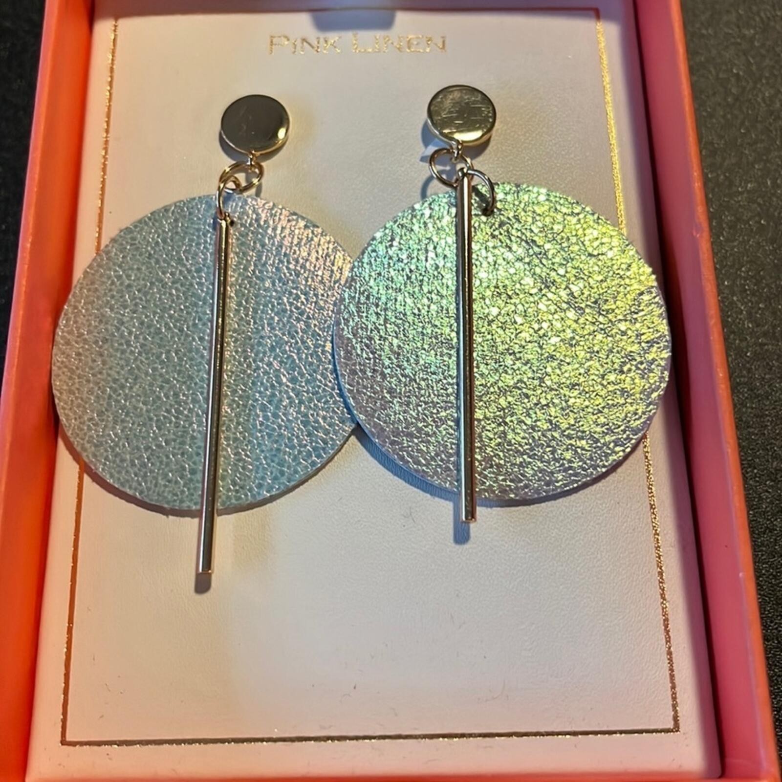 Pink linen iridescent leather earrings 1-3/4” diameter