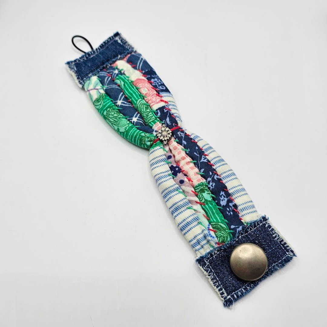 Fabric Cuff Bracelet Slow Stitch Patterned & Jean Fabric Button Closure
