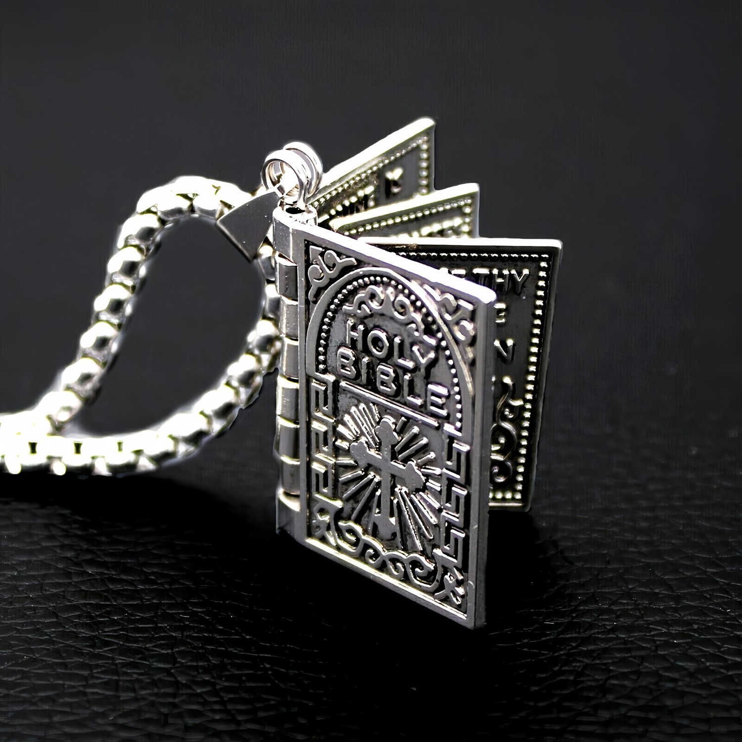 Bible Book Pendant Necklace Vintage Silver Cross Unique Jewelry For Men Women US