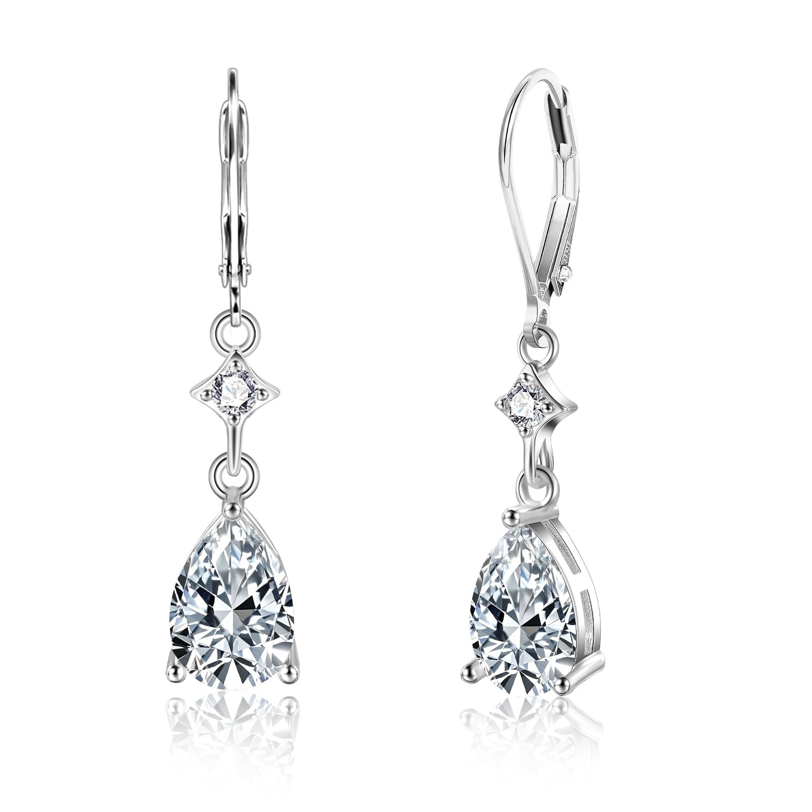 Sterling Silver Teardrop Earrings for Women Cubic Zirconia Silver Drop Leverback