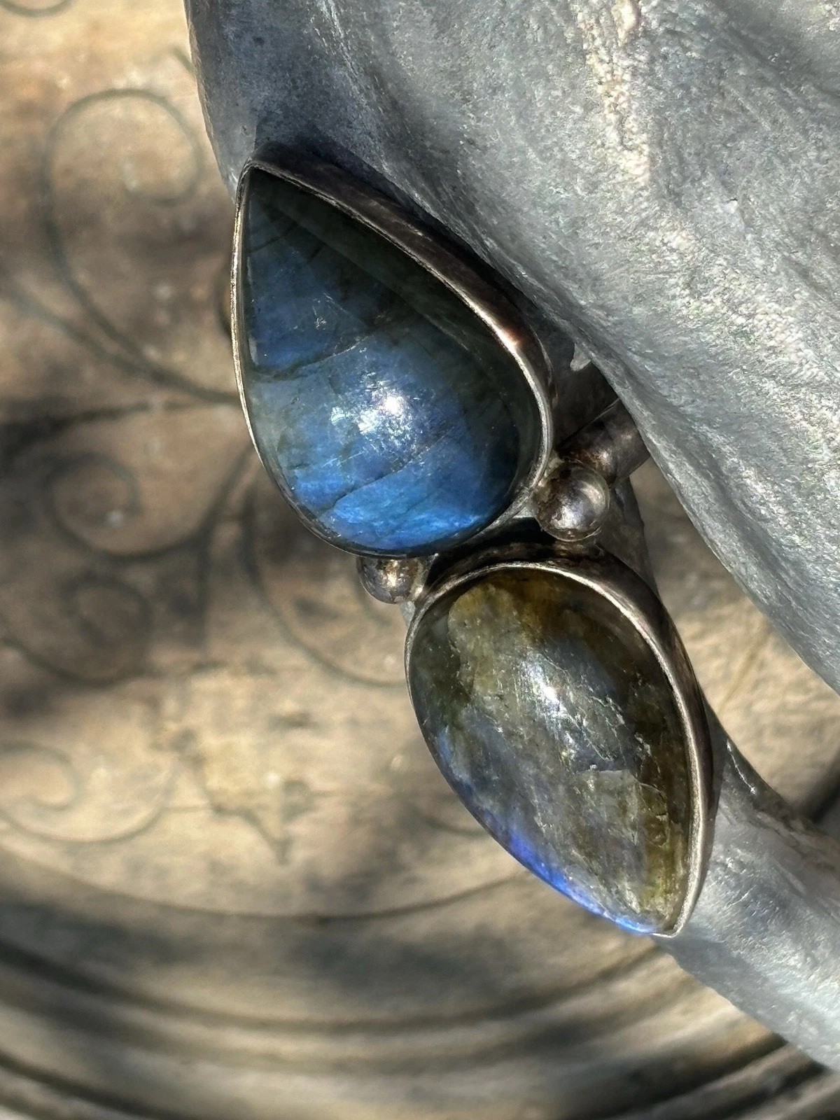 Double pear shaped labradorite gemstone silver ring size 8