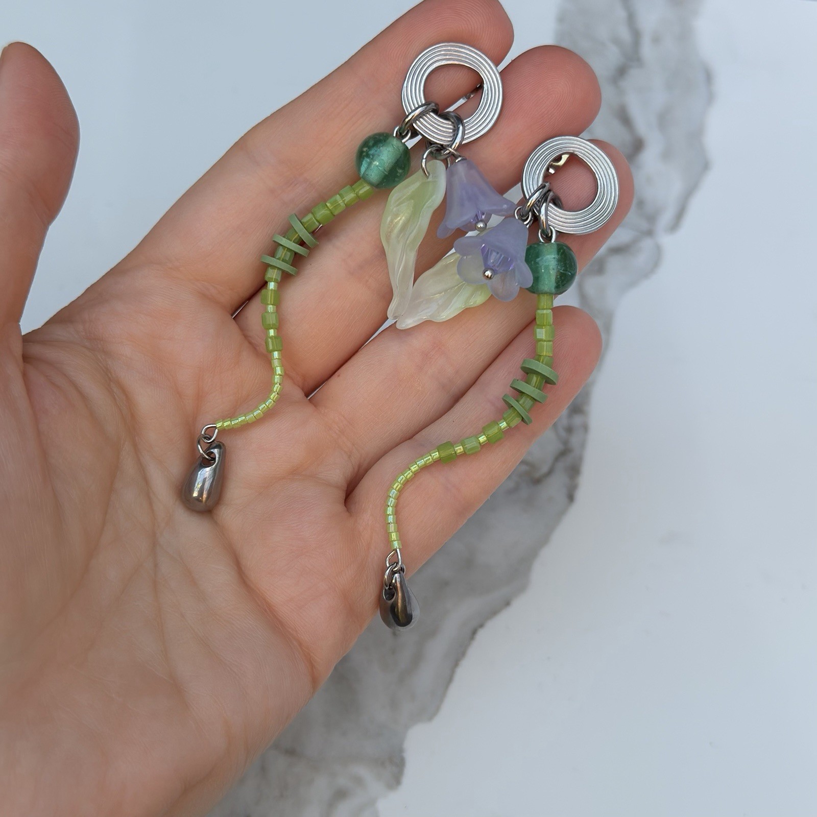 Green Purple Glass Beaded Dangle Drop Earrings, Steel Spiral Stud
