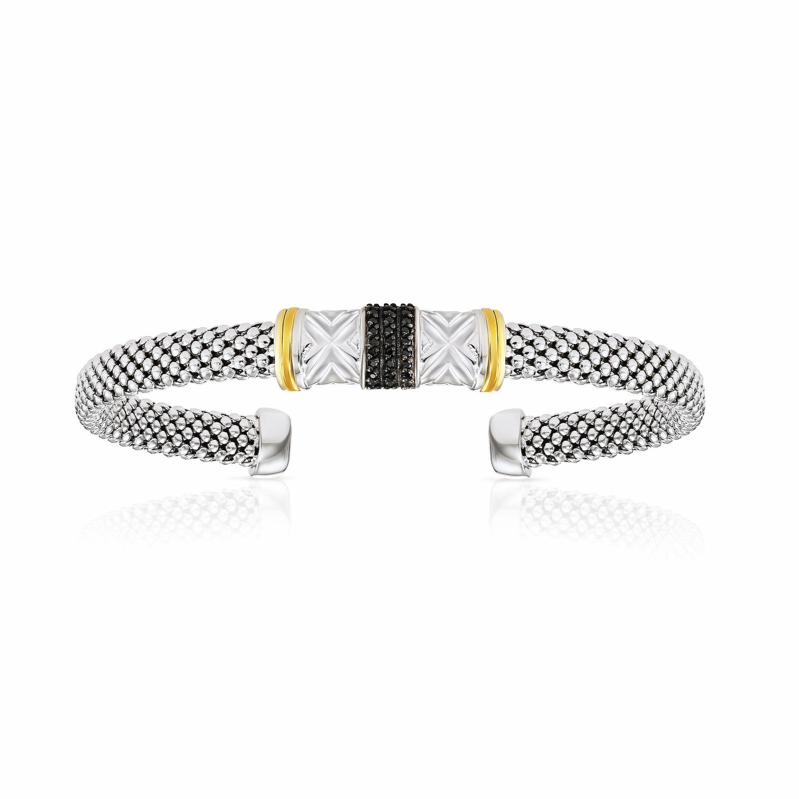 925 Solid Sterling Silver Gold Accents Black CZ Bar Italian Cuff Bracelet 6″-7″