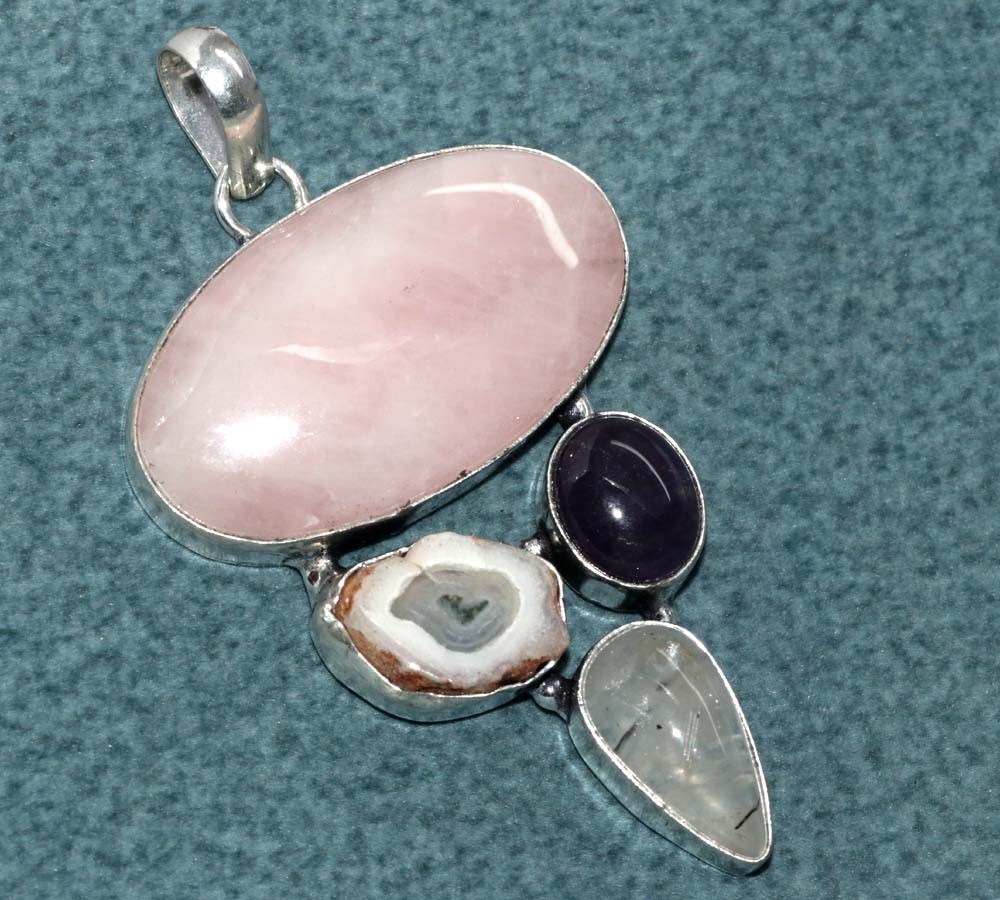 925 Silver Plated Exclusive Kunzite Natural Black Rutile Pendant 2.5″ Trendy GW