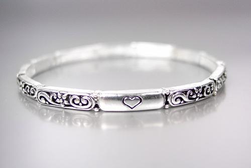 INSPIRATIONAL Thin Silver Black Filigree LIVE LAUGH LOVE Heart Stretch Bracelet