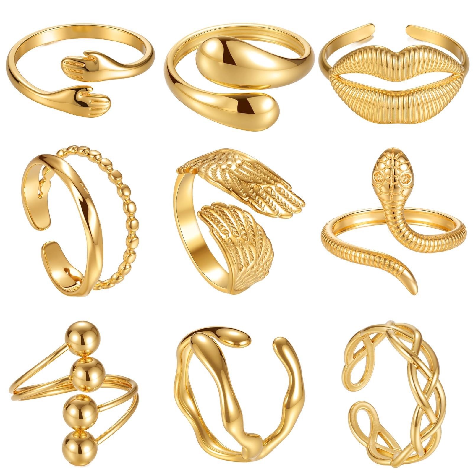 9PCS Gold Rings Set for Women – 18K Gold Plated Adjustable Stackable Knuckle Rin