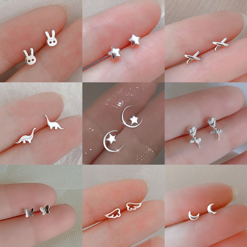 925 Silver Cute Rabbit Star Moon Heart Ear Stud Earrings Women Party Jewelry New