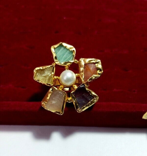 Natural Multi stone Handmade Adjustable Ring Gemstone Brass Ring Raw Ring.