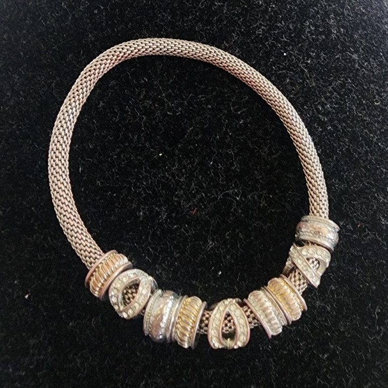 Mesh Charm Beaded Bracelet Silver Gold Tone Round Beads Metal Less Than 8in