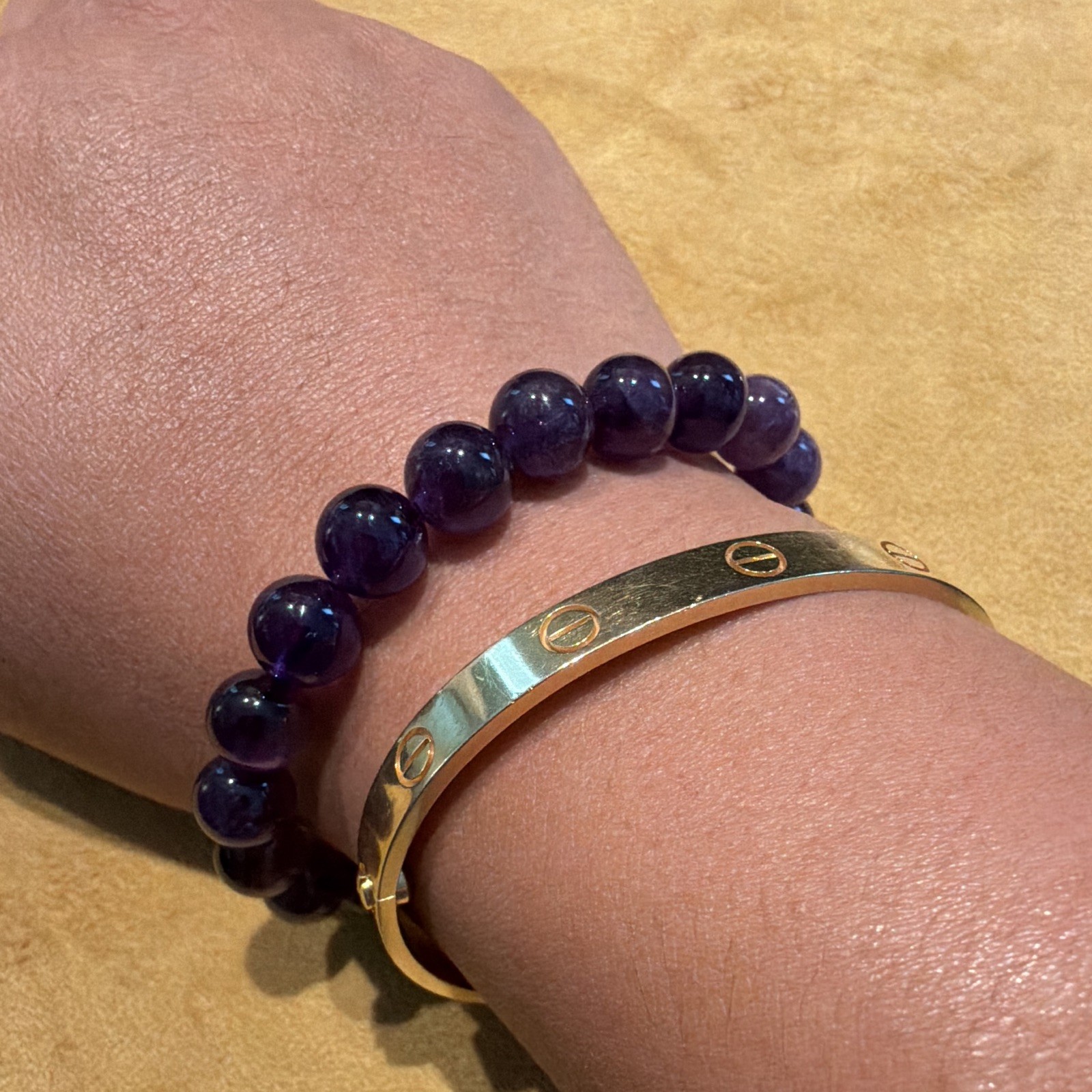 Purple Round Stone Bead Stretch Bracelet Sizable Fit No Clasp