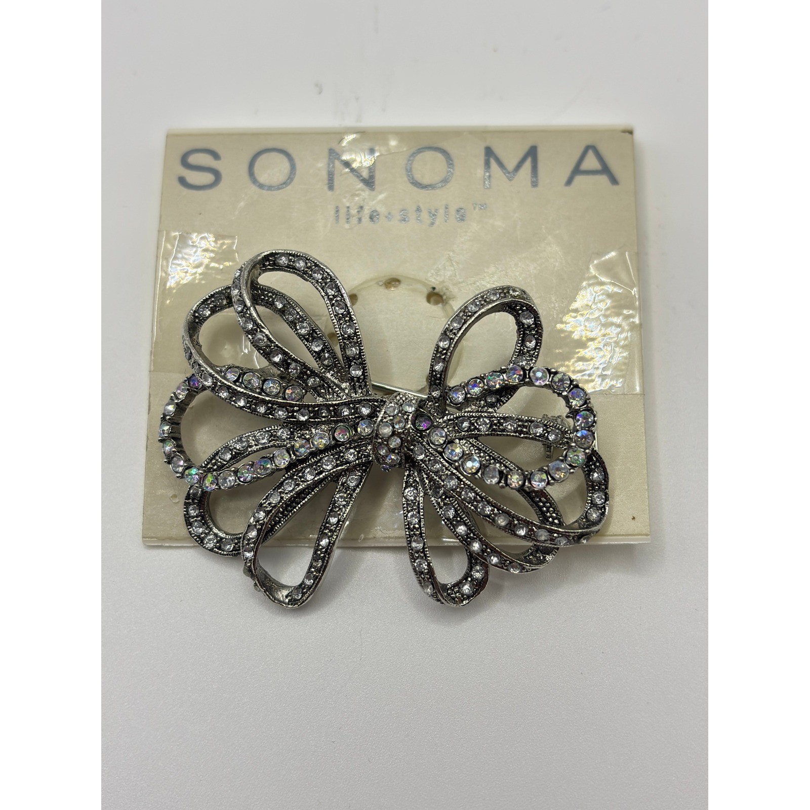 Sonoma Life Style Silver Tone Rhinestone Bow Brooch Pin Aurora Borealis Vintage