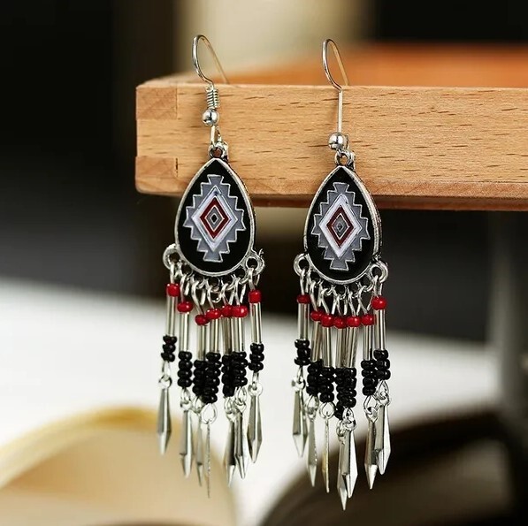 Black & Silver Boho Bead and Tassle Dangle Earrings, Bohemian, Stylish, Fun