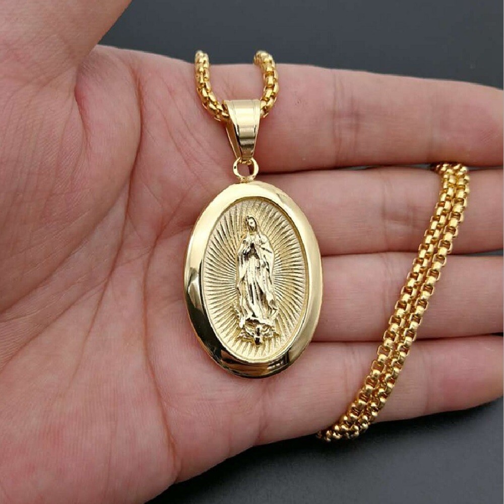 18K Gold Filled Virgin Mary Oval Medal Pendant+18″/20/22/24/26/28″ Necklace A121