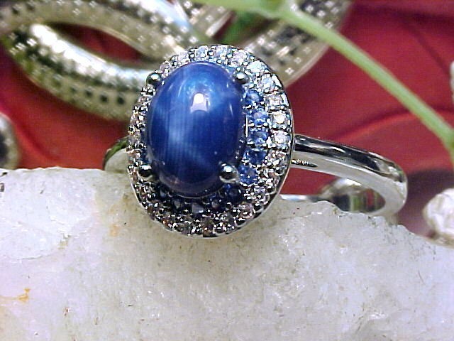 Genuine Blue Star Sapphire Ring 8x6mm & Blue Topaz 925SS White Gold Finish Sz 10