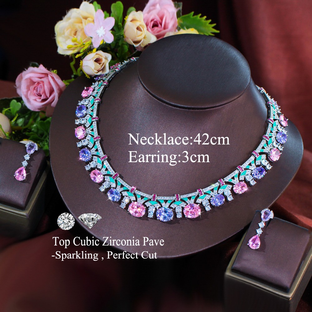 Silver Plated CZ Purple Pink Oval Shaped Wedding Necklace Earrings Jewelry Set