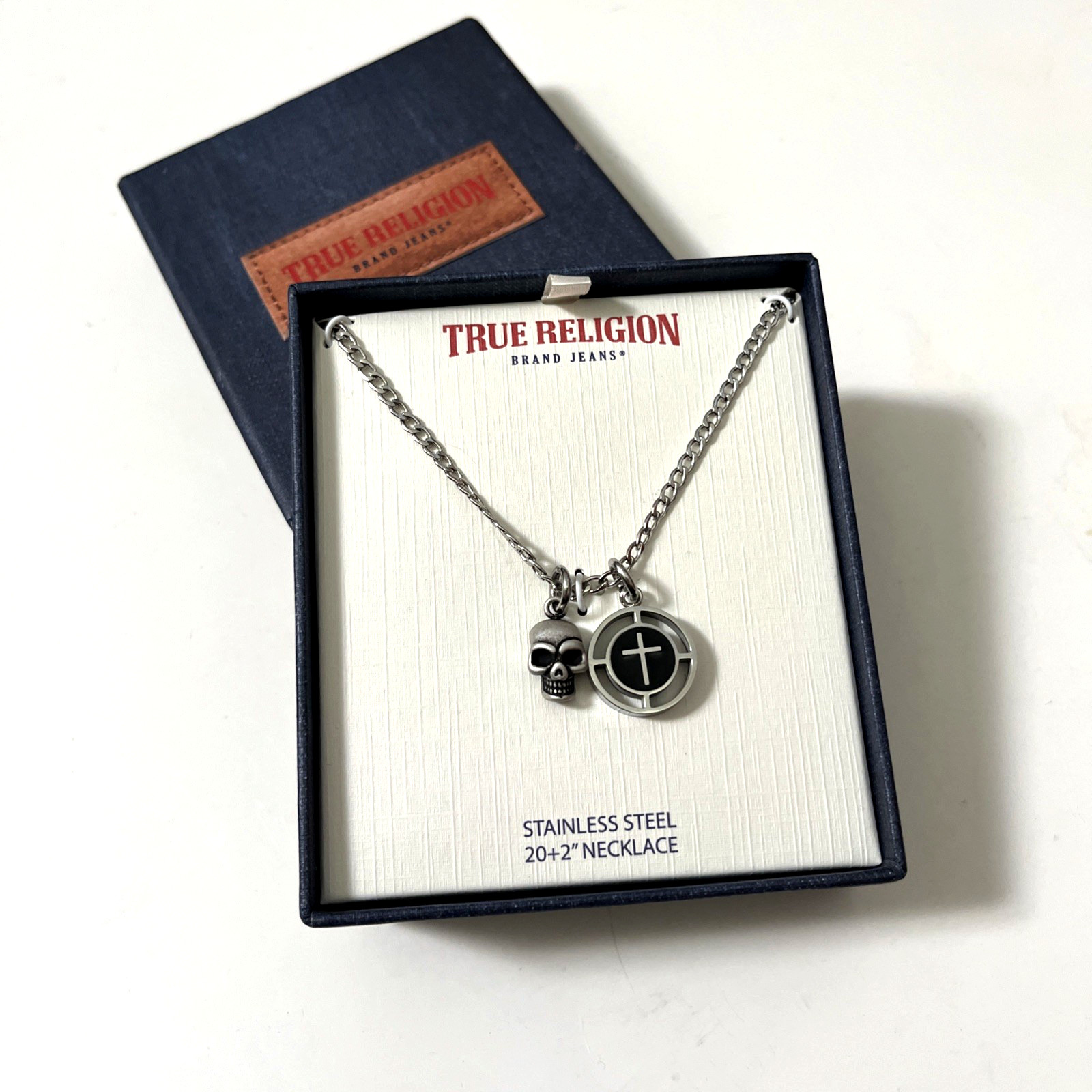 NWT True Religion Skull Cross Charm Necklace Stainless Steel 20-22″ Adjustable