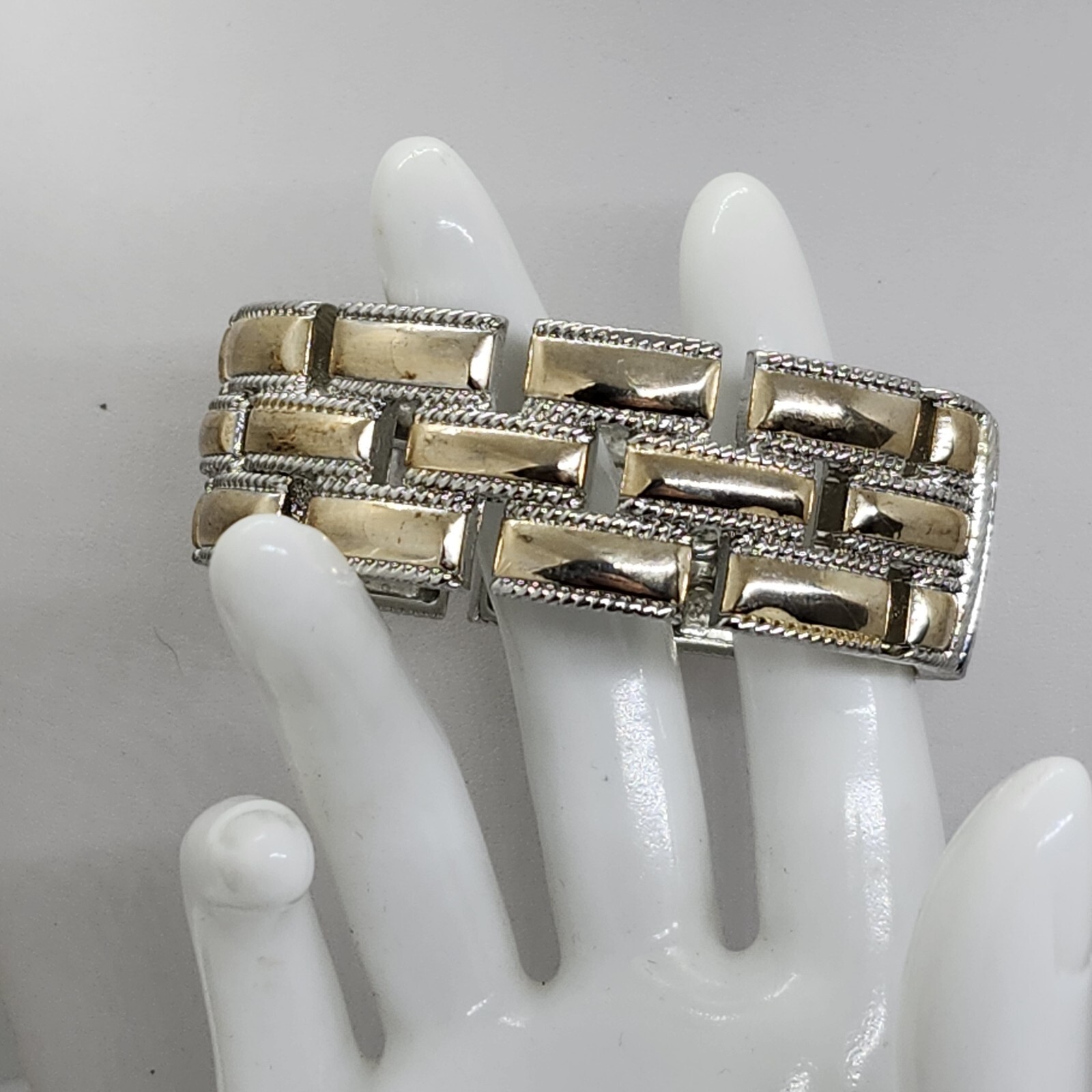 Silver And Gold Tone Hinged Weave Design Bracelet