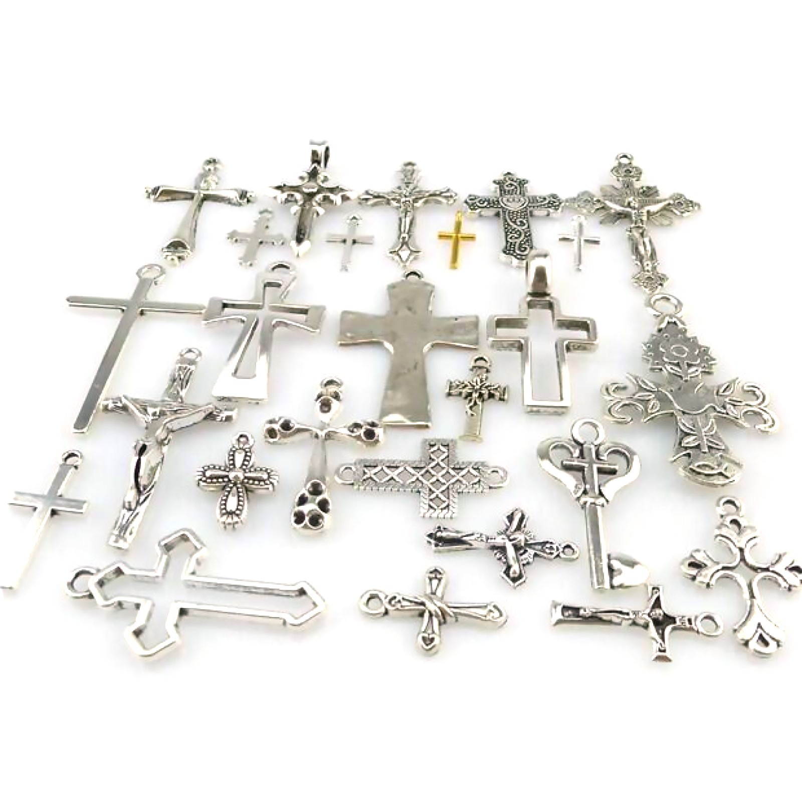 25X Mixed Cross Pendant Vintage Antique Silver Tone Alloy Faith Religious Charm
