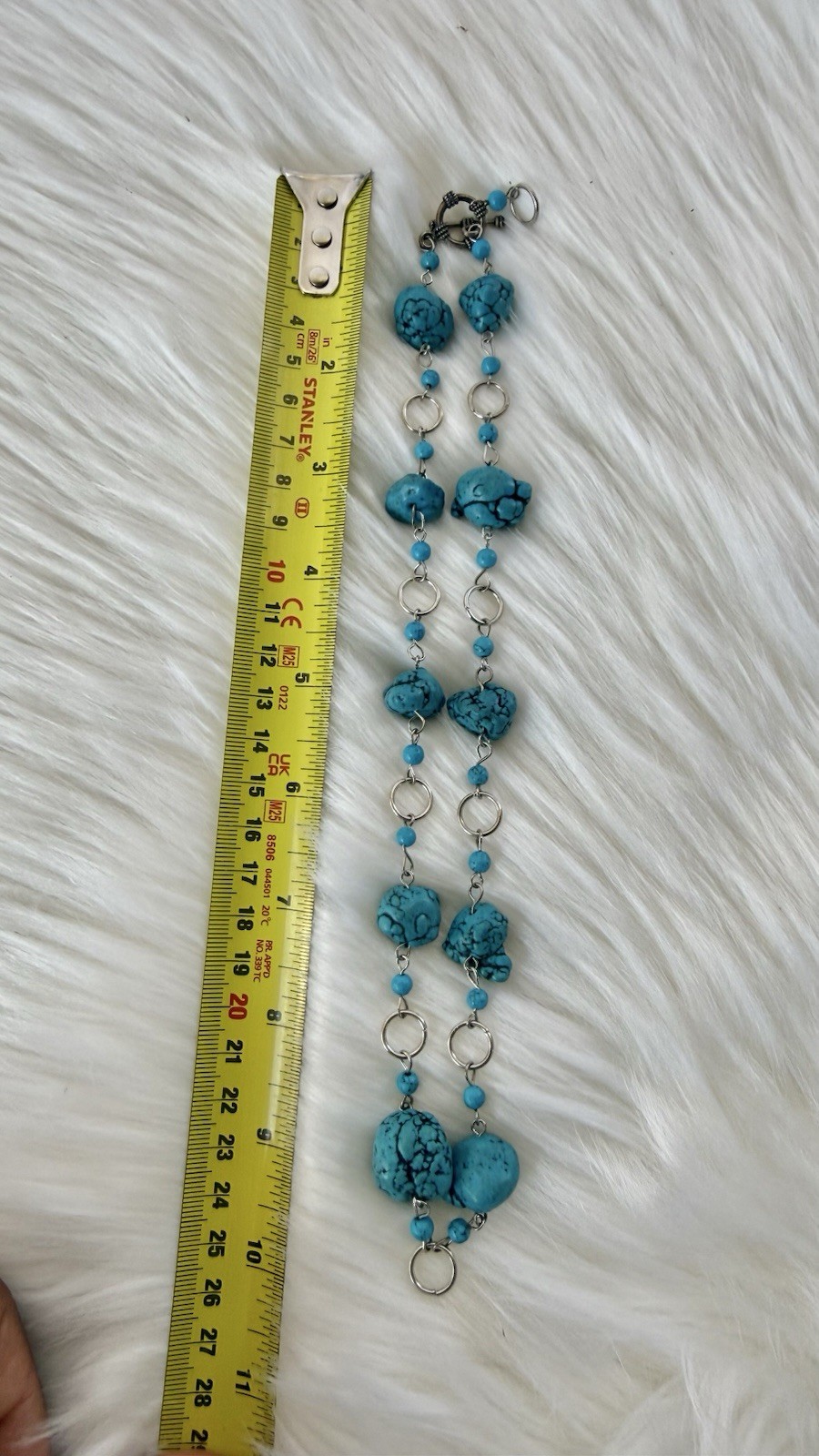 Turquoise Blue Beaded Link Chain Necklace Silver Tone Lobster Clasp 24 in