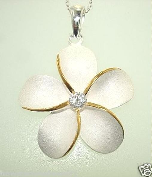 30MM 2-TONE YELLOW GOLD PLATED 925 SILVER HAWAIIAN PLUMERIA FLOWER CZ PENDANT