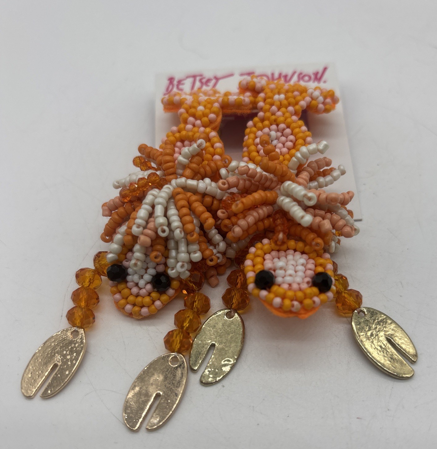 NWT Betsey Johnson Beaded Earrings Post Dangle Lobster Shrimp Orange Pink New