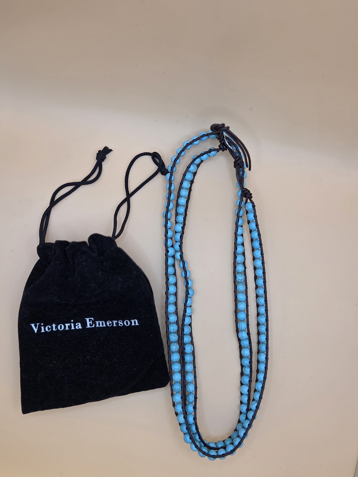 Victoria Emerson Blue Beaded Leather Wrap Bracelet Button Adjustable