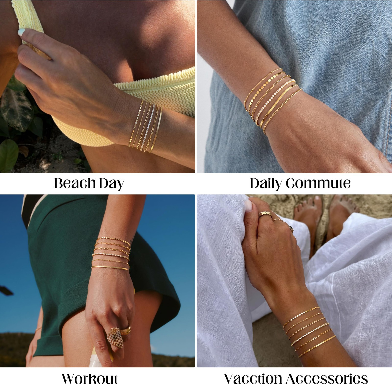 6PCS Gold & Silver Stackable Bracelets Set for Women – Dainty Tennis, Diamond, H