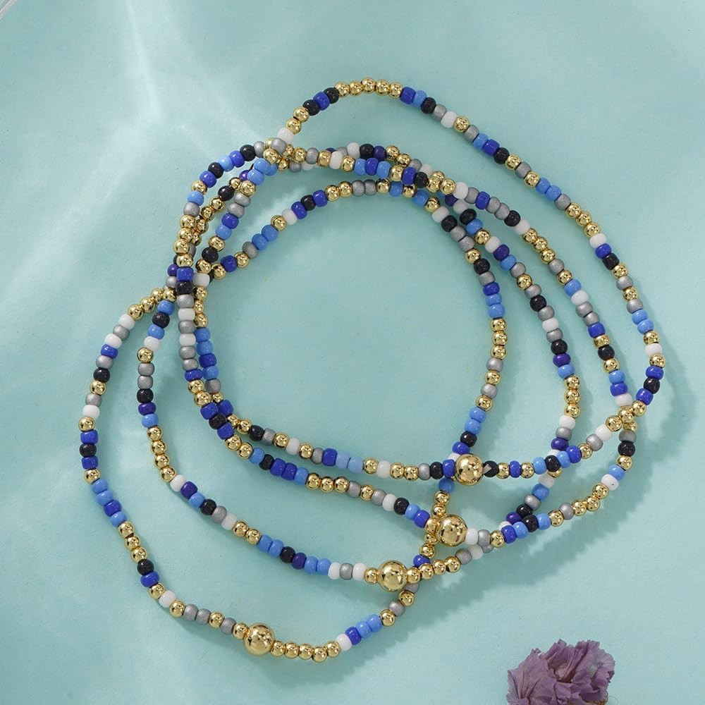Royal Blue Seed Beaded Stack Bracelets Set for Women,Small Boho 4Pcs Colorful…